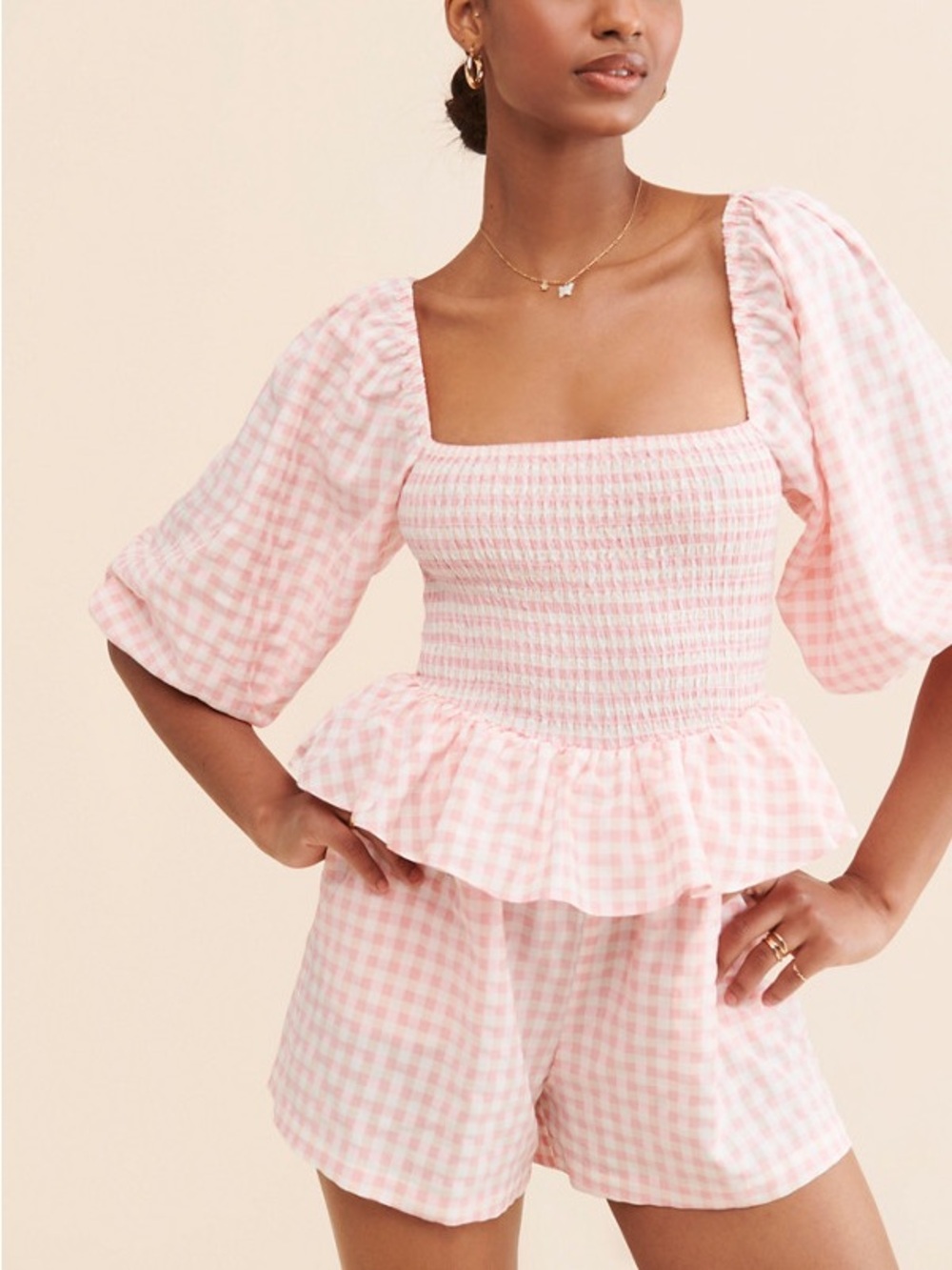 Anthro Mare Mare Pink‎ Gingham Smocked Romper Summer Cottage Farmhouse